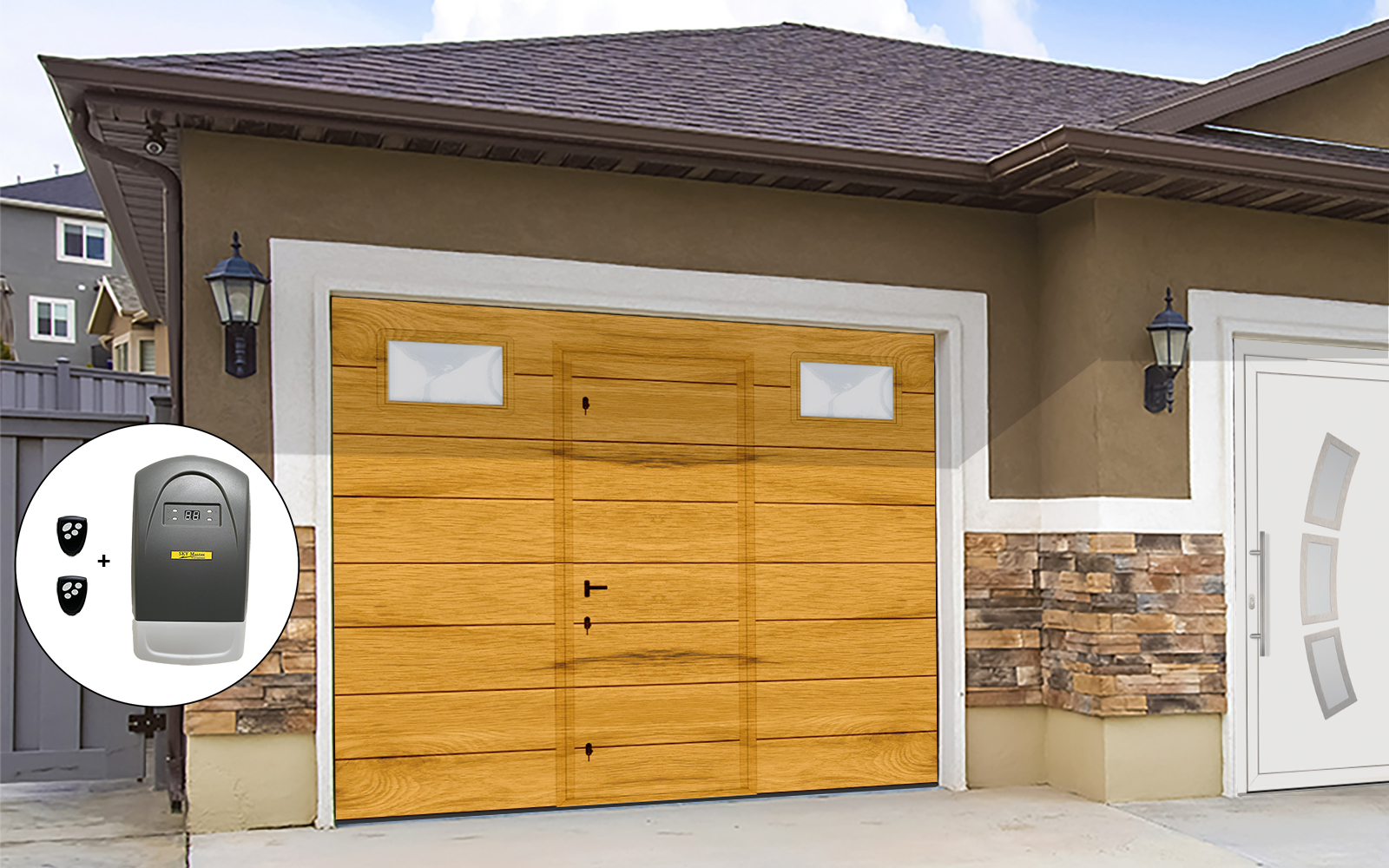 Porte de garage sectionnelle mono ligne 2400 x 2000 chêne doré avec portillon et hublots (2)